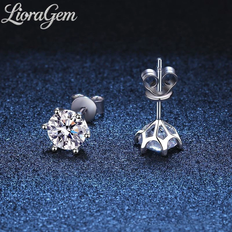 LioraGem Classic Six-claw Threaded Stud Earrings, 0.2-0.5-1-2 Carat D Color Moissanite Plug-style Earrings Platinum PT950 Stamp