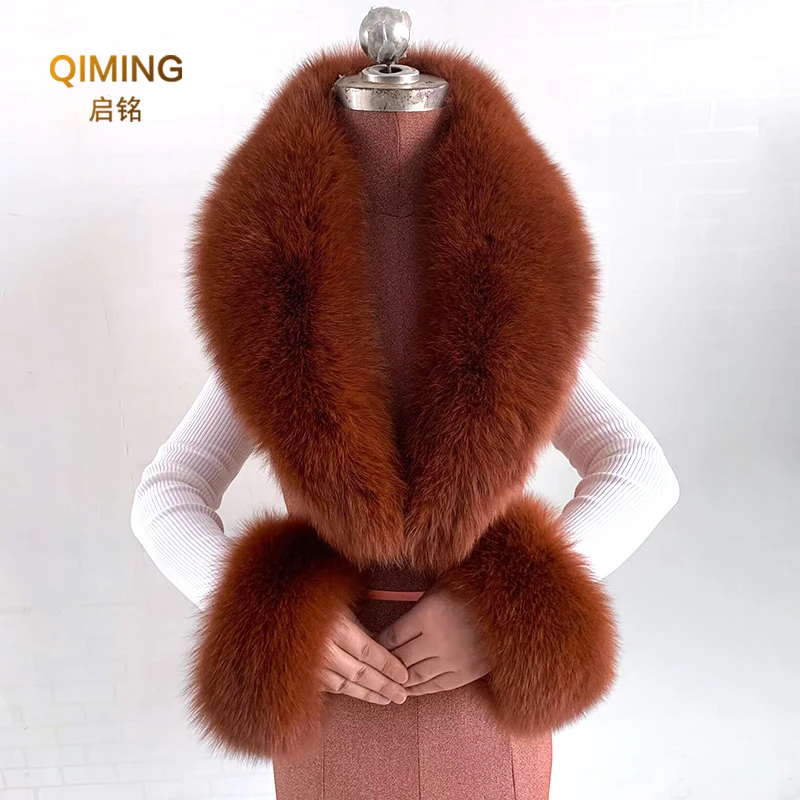 Winter Natural Real Fox Fur Collar Fur Scarf Women Luxury Men Coat Jacket Fur Shawl Fur Cuff Set Warmer Fur Shawls Wraps Scarves