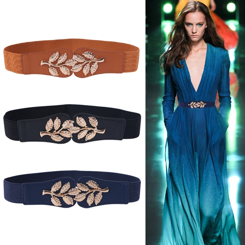 Women's Waist Cover Fashionable Gold Leaf Elastic Waist Closure With Double Hook Buckle Wide Belt Paired With Skirt Women Belt