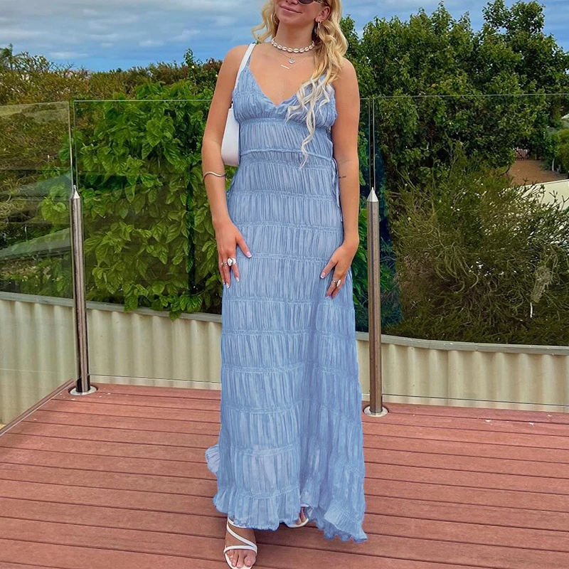 Verão sólido com decote em v bohe vestido de festa feminino sexy cintura alta grande balanço praia vestido casual sólido alça ajustável maxi vestido mujer