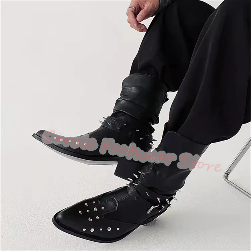Punk rebite cinto fivela preto botas plissadas para homens dedo do pé apontado salto grosso ocidental cowboys botas masculino vestido de festa botas de cavaleiro