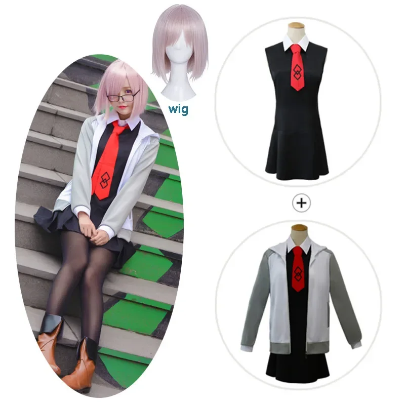 Fate Grand Order Mash Kyrielight Cosplay Costume Halloween Daily Service School Uniform Ms. Cartoon Dress And Wigs