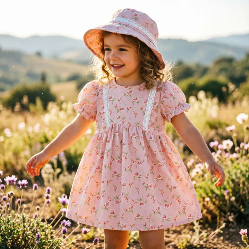 Girls Dress Summer Spanish Style Floral Print Cotton Lightweight Cute Princess Ruffle Trim Sweet Casual Holiday Dress for Kids