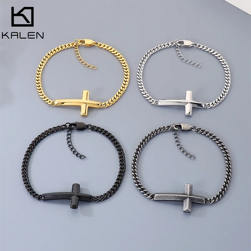 KALEN Unisex Stainless Steel Cross Bracelet Adjustable Curb Chain for Minimalist Street Style Silver Gold Color Fashion Jewelry