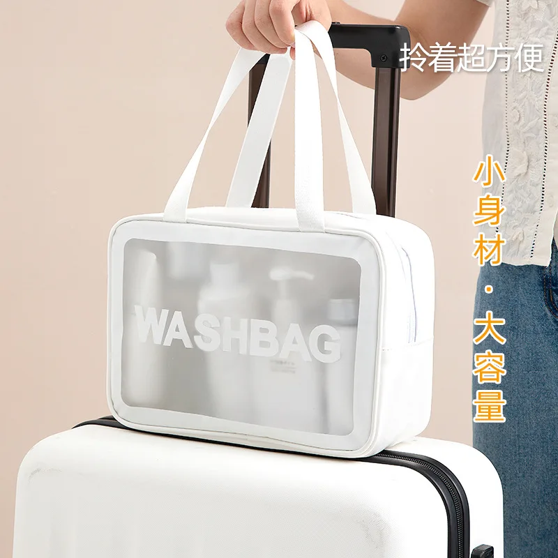 Makeup Bag, Portable Travel Handheld PU Waterproof Cosmetic Organizer, Large Capacity Visible Swimming Toiletry Bag Makeup bag