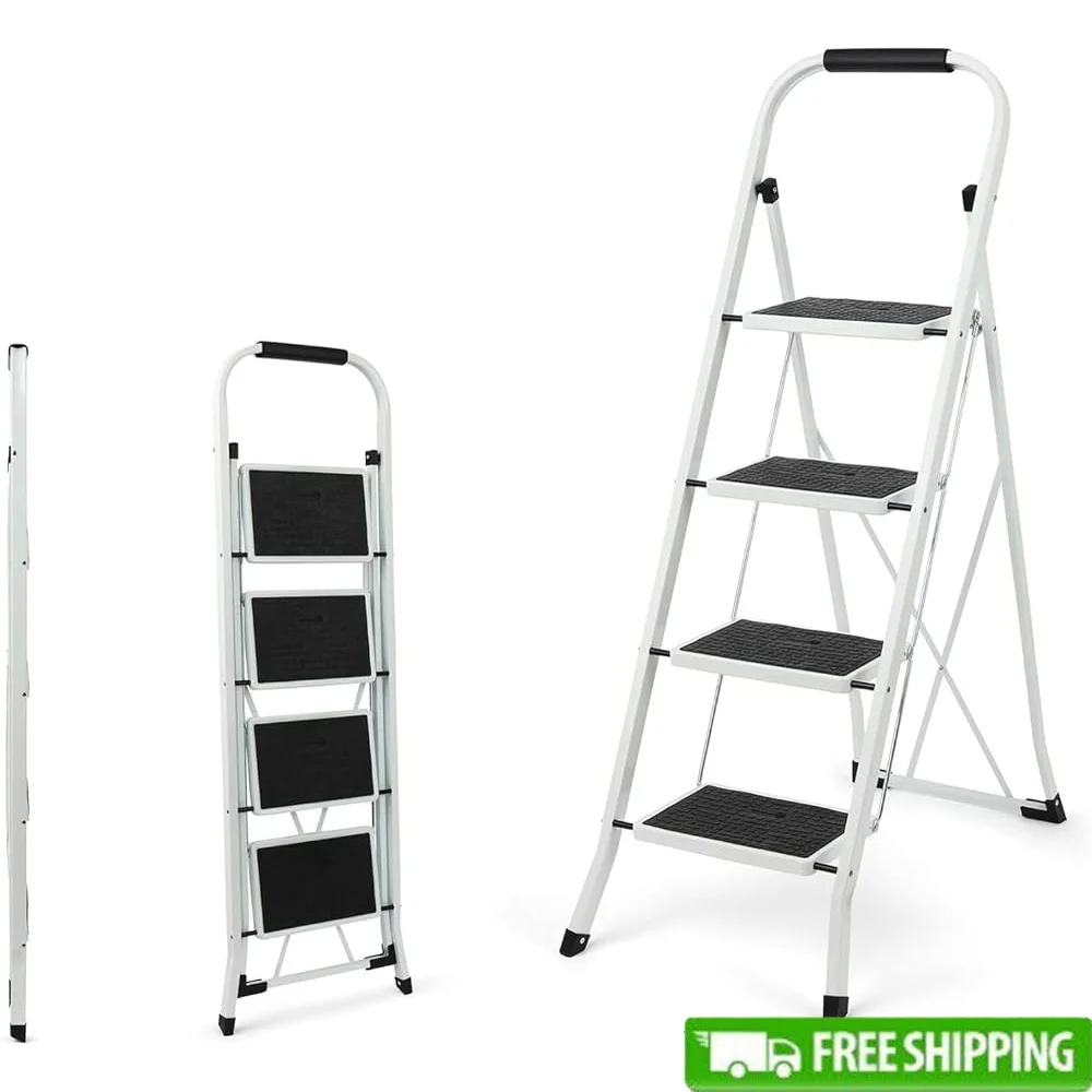 

4 Step Folding Step Ladder Ergonomic Anti-Slip Pedal Heavy Duty Steel Frame Safe Portable Multi-Use Stool Home and Outdoor