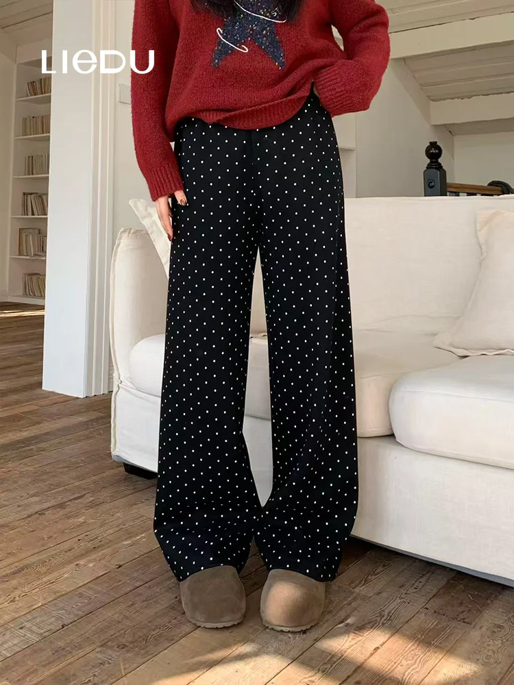 LIEDU Autumn Korean Fashion Elegant Women High Waist Polka Dots Wide Leg Pants Plus Size Soft Stretch Work Office Casual Outfit