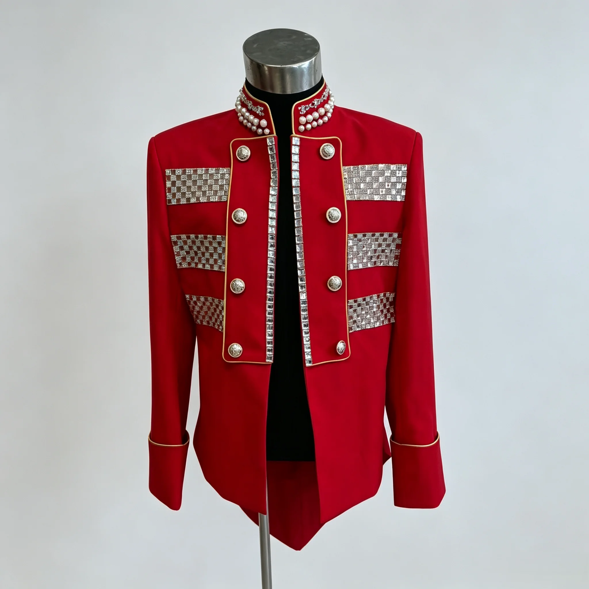 Handmade Red Crystal Beads Tuxedo Suit Jacket for Men Party Show Stage Host Club Bar Singer Dancer Costume Elegant Party Wear