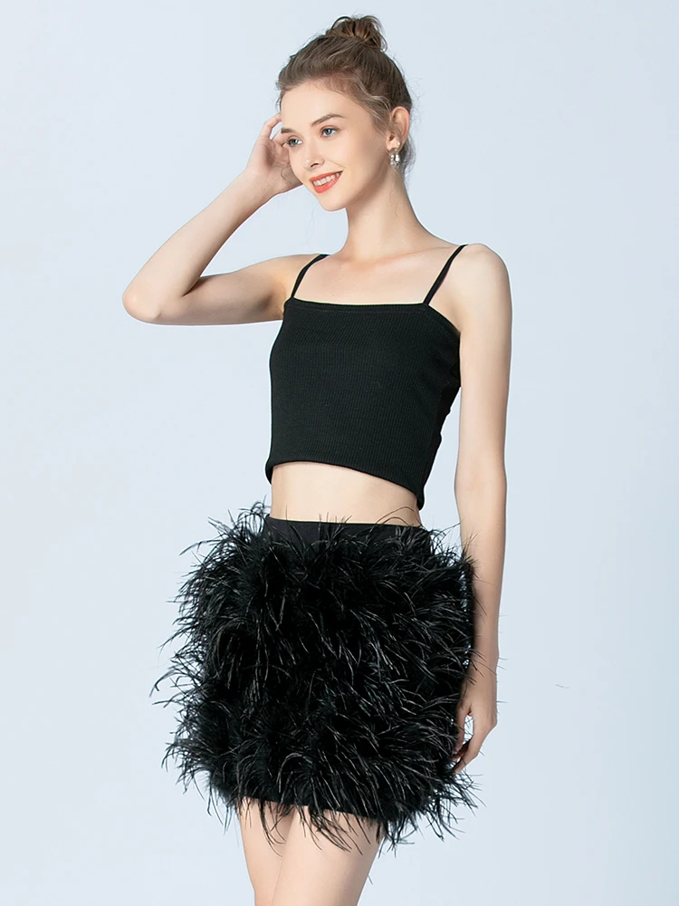 Rok Mini Rok Bulu Musim Semi Musim Panas Wanita Rok Bodycon Hitam Seksi Mode Burung Unta Asli Rok Pendek Slim Fit Produk Baru