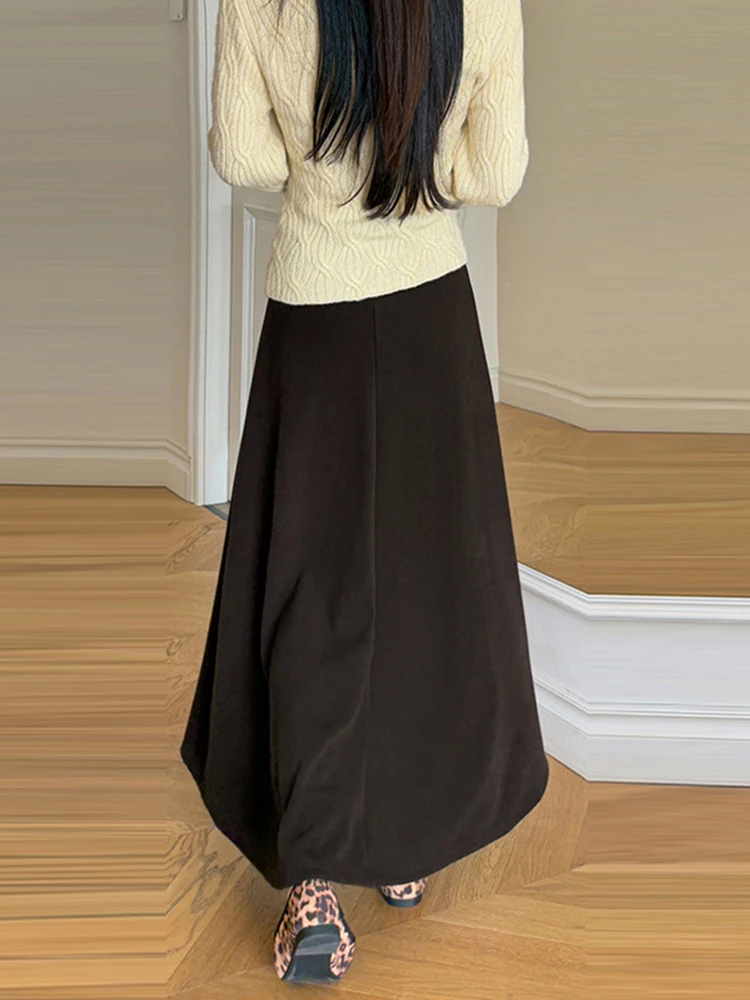 Autumn Winter Women's Fleece Lined A-Line Long Skirt Elastic Waist Thickened Vintage Casual A-Line Skirts L ady