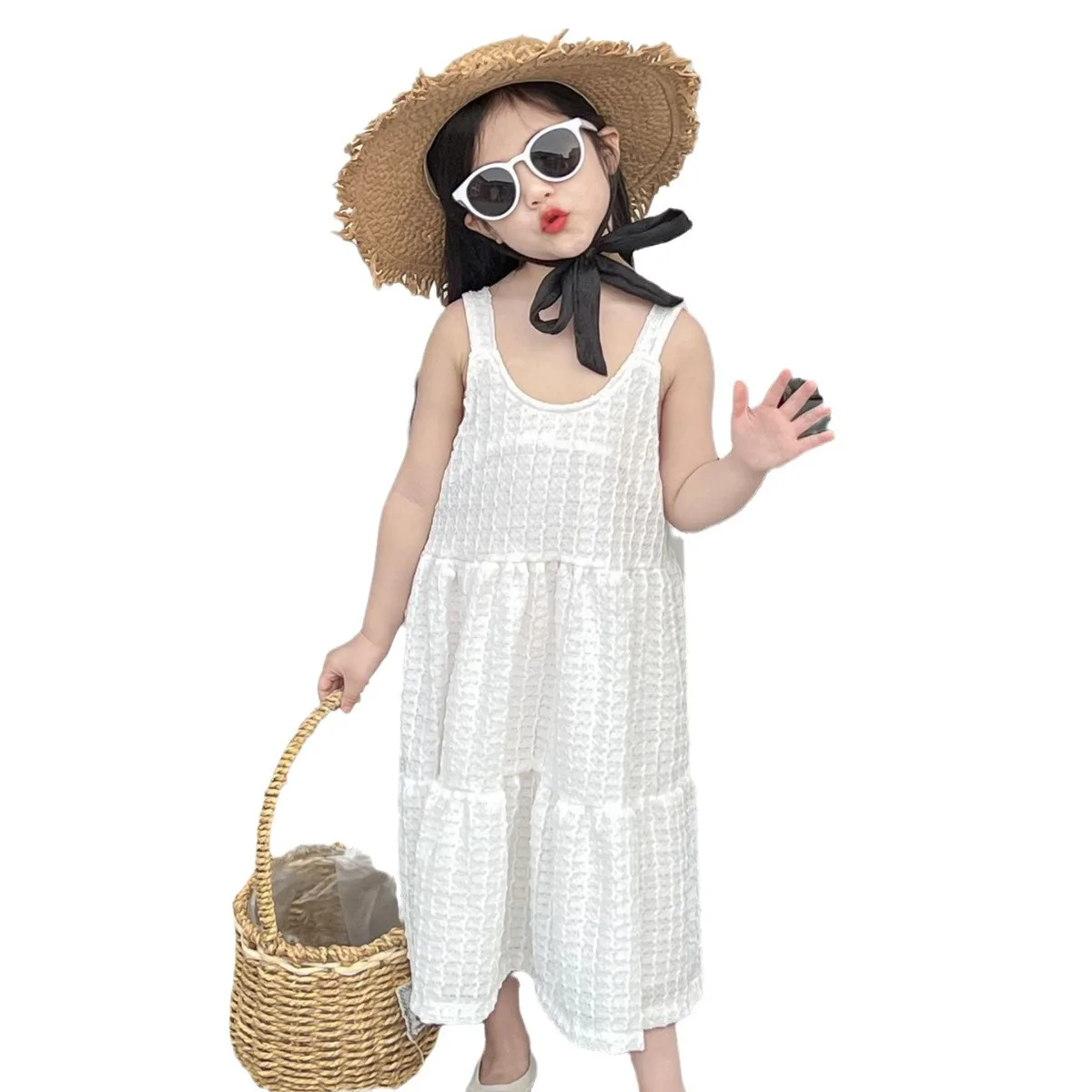 Korean Version 2024 New Girl Fashion White Sleeveless Fresh and Sweet Cake Holiday Dress Trend Kids Dresses for Girls