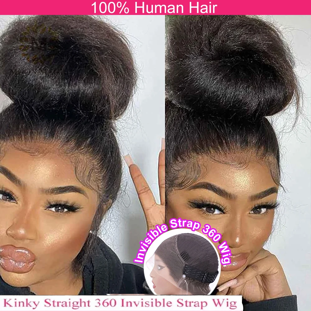 Invisible Strap 360 HD Full Lace Glueless Wig Kinky Straight Frontal Wig 250 Density  Yaki Straight Lace Front Human Hair Wig
