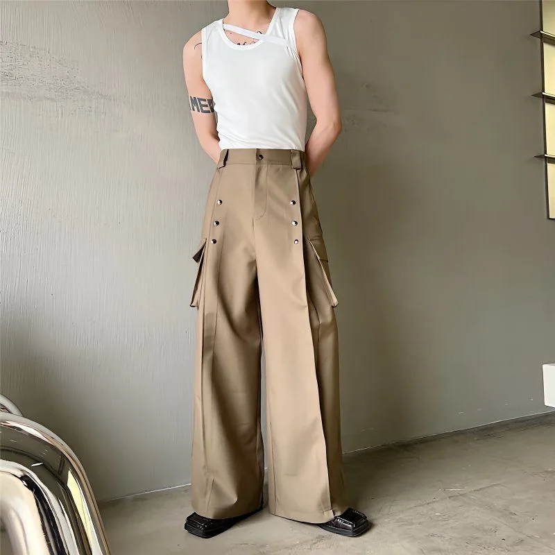 

Men Summer Autumn Trendy Chic Ins Pants Male Pockets Buttons Sexy Wide Leg Trousers Stage Party Dinner Banquets Night Club Pants