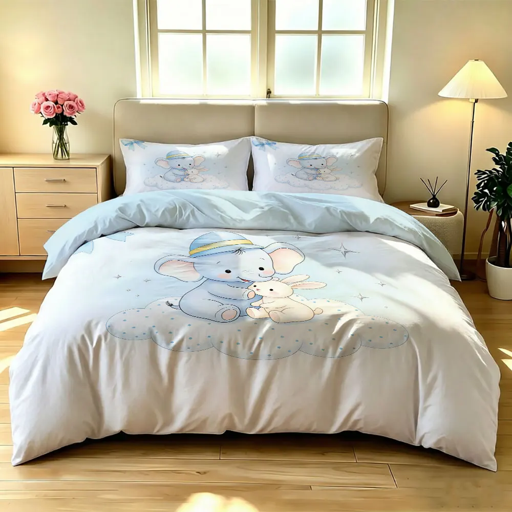 3‑Pieces Cloud Shape Elephant Rabbit Print Bedding Set Without Filler 1 Duvet Cover 2 Pillowcases Soft Comfortable Machine Wa