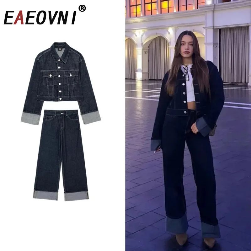 

EAEOVNI Women Fashion Denim Set Casual Lapel Long Sleeve Crop Jacket Buttons Female Vintage Wide Leg Loose Jeans Long Pants