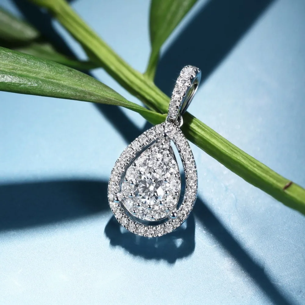 Luxury Sparkle Pear Teardrop Double Halo Hollow Outline Inlay Round 5A Zircon Pendant Necklace for Women Bride Wedding Jewelry