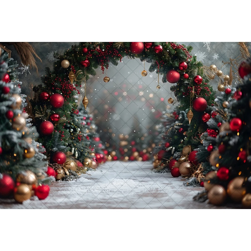 Red Christmas Background Photography Glitter Xmas Tree Arch Door Snowy Backdrop Winter Kids Birthday Party Studio Props image 3