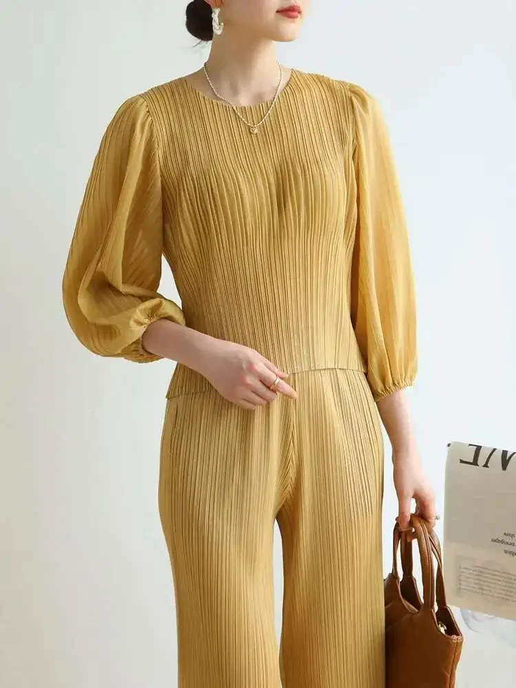 Elegante dameskleding Geplooid T-shirt met ronde hals Dames Effen kleur Veelzijdig Casual Zomer Dames Nieuw Miyake 2025, zomer