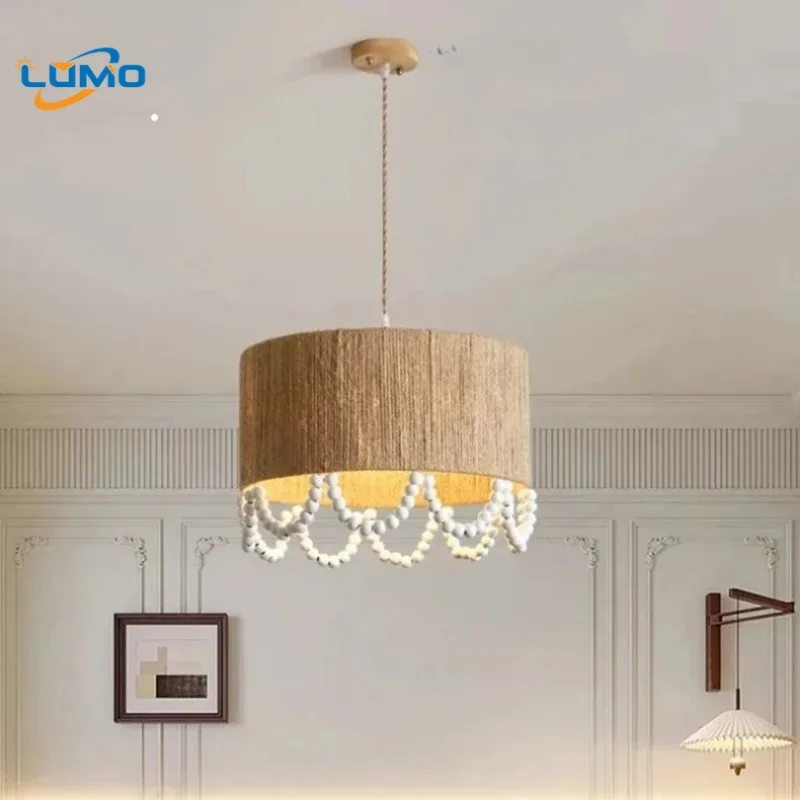 

Japanese Wabi Sabi Wooden Beads Ornament Hanging Lamp Rotundity Hemp Rope Pendant Light Restaurant Living Room Study Chandelier