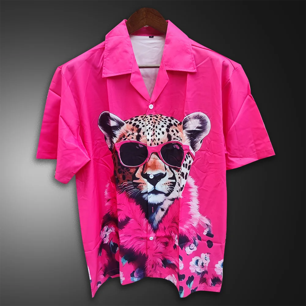 

Розовая рубашка с принтом, мужская рубашка с коротким рукавом, модная мужская рубашка с принтом головы леопарда, мужские гавайские пляжные рубашки