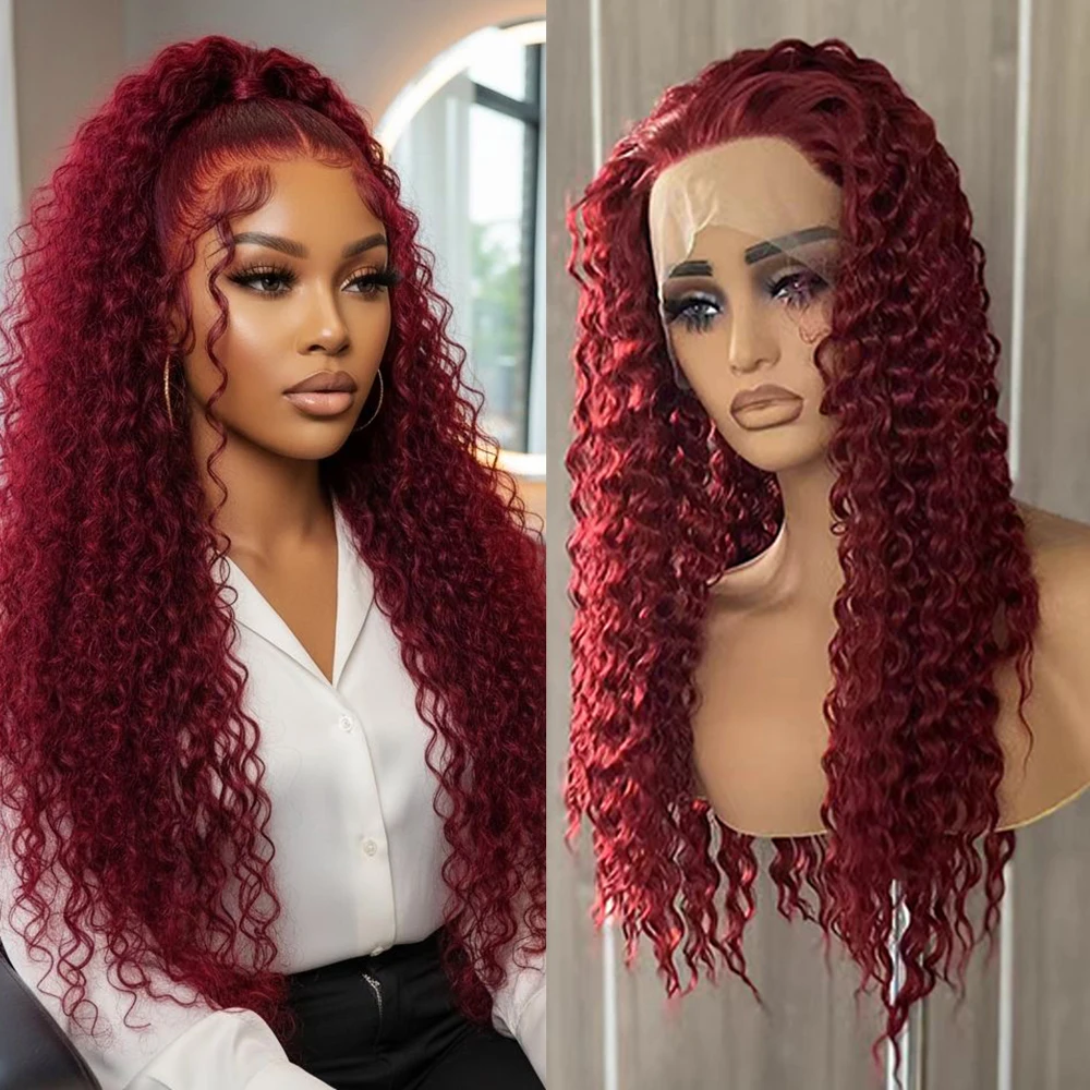 

Burgundy Deep Curly Wave Wig 13x4 Lace Front Wigs for Women Synthetic Hair Heat Resistant Fiber Daily Use Natural Hairline
