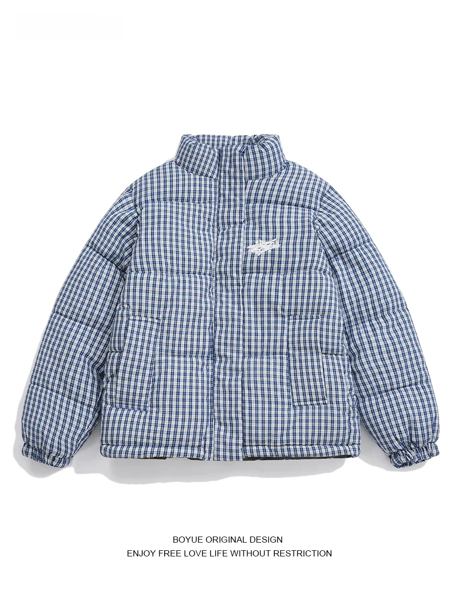 

Boyue American Retro Plaid Bread Coat Jaet Warm Collar Embroidery ex Casual Cotton Jaet Youth Faion Long Sve Zipper