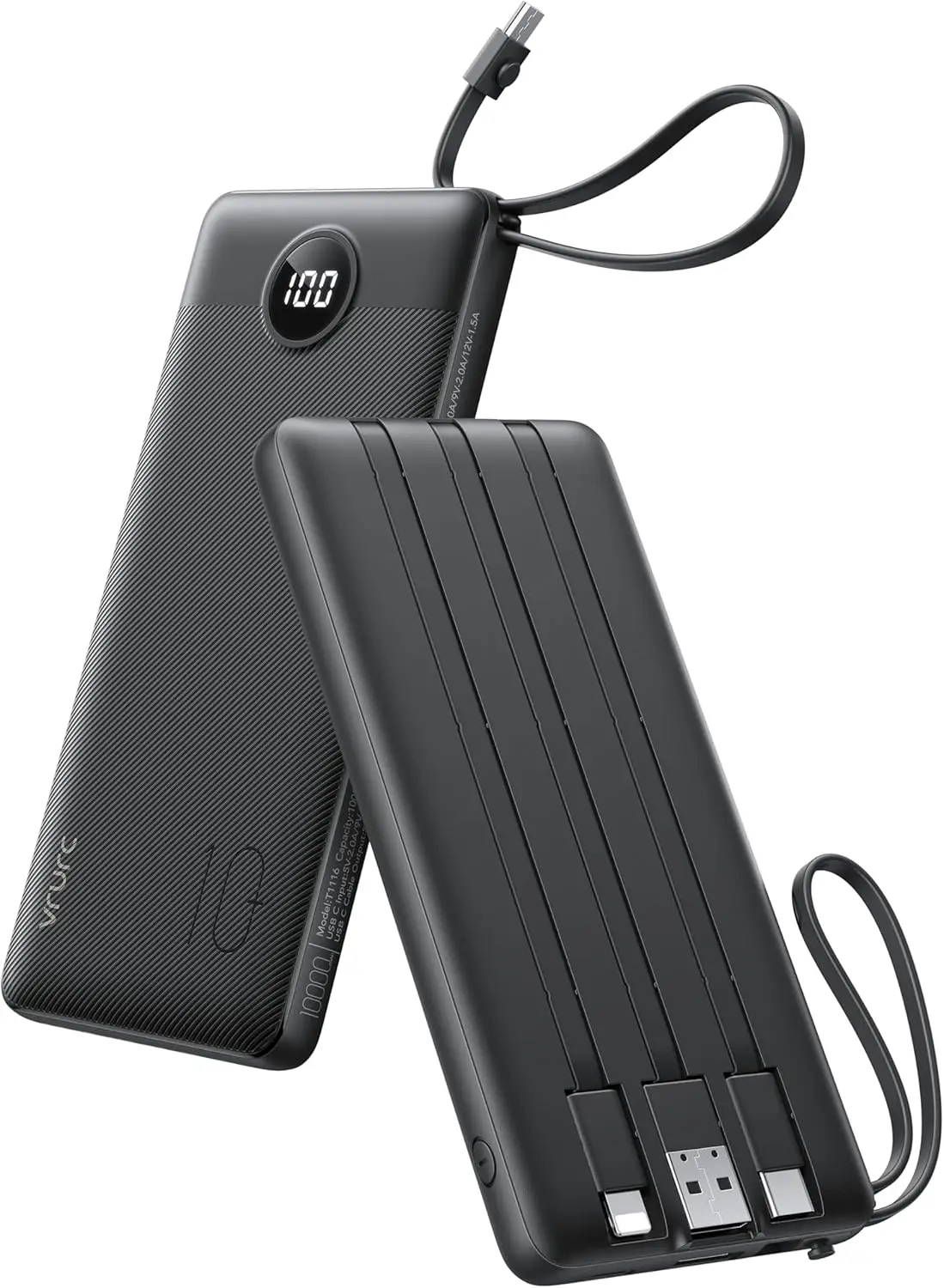 

Тонкий портативный зарядный блок на 10000 мАч со встроенными кабелями, USB-C Power Bank для iPhone, Samsung, Android - черный