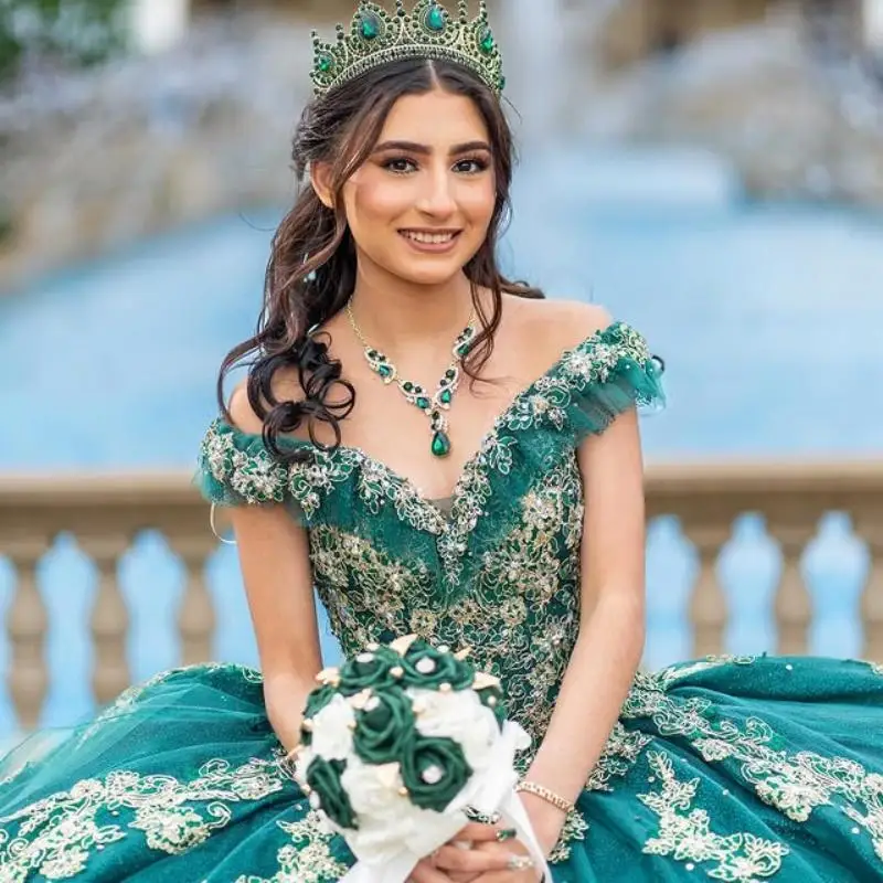 Черновато-зеленое платье Quinceanera с открытыми плечами и v-образным вырезом по индивидуальному заказу, тюлевое кружево с 3D цветами, платья de 15, Quinceanera ﻿