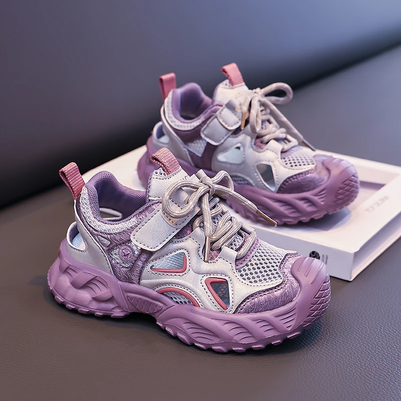 

Kids Closed-Toe Sport Sandals, Purple Breathable Mesh Summer Shoes for Girls, Non-Slip Design Casual Sneakers 4 To 8 Years