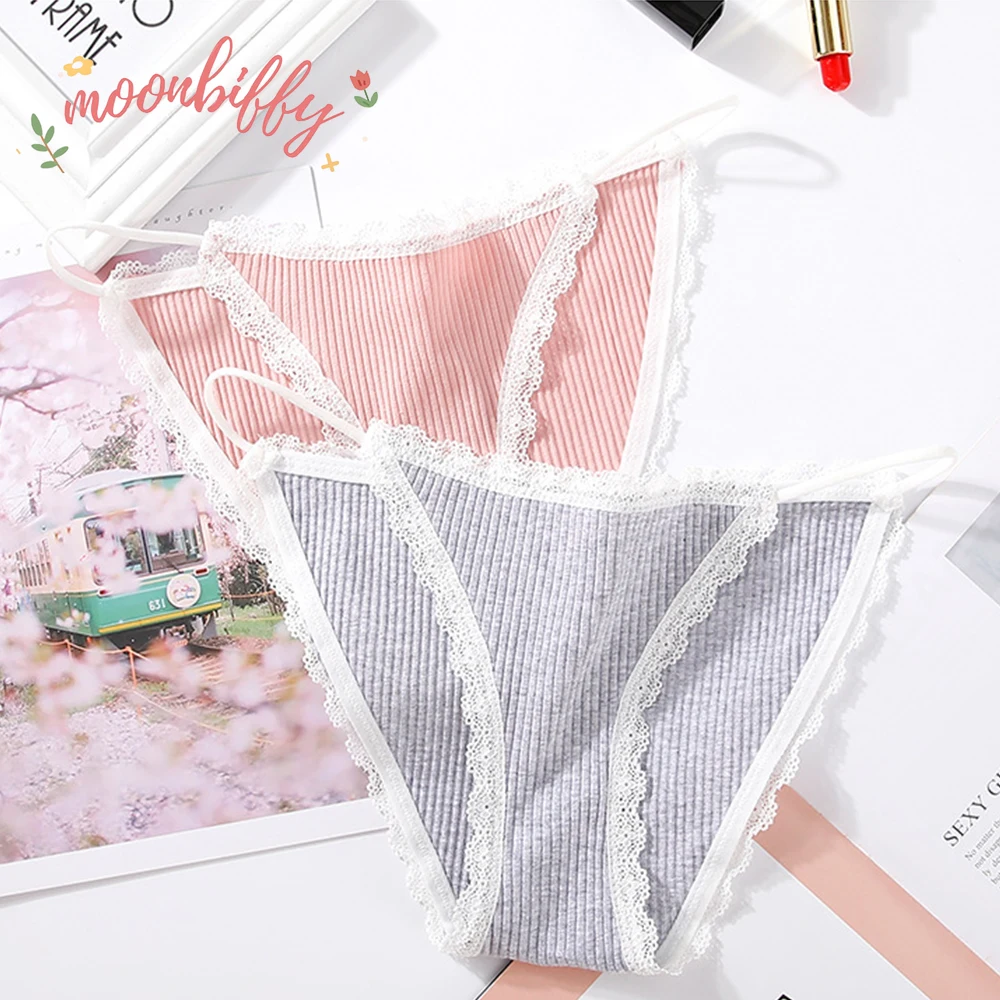 Loli Girl Panties Lace Side Screw Thread Cotton Underwear Briefs Comfortable Panties Student Striped Thin Belt Underpants