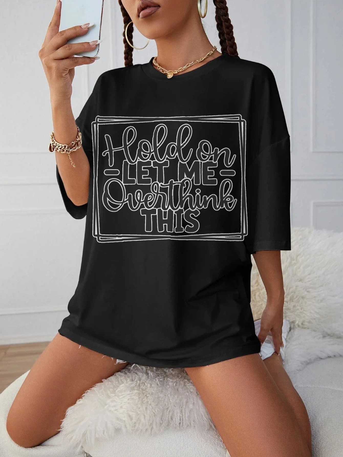 

Hold On Let Me Overthink This Loose Fit Maternity T-Shirt Women's Black Round Neck Comfortable for Winter and Late Pregnancy