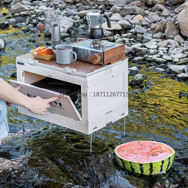 Foldable Storage Box with Wooden Lid, 50L Camping Table Trunk Organizer for Car, Outdoor, Picnic, Vending