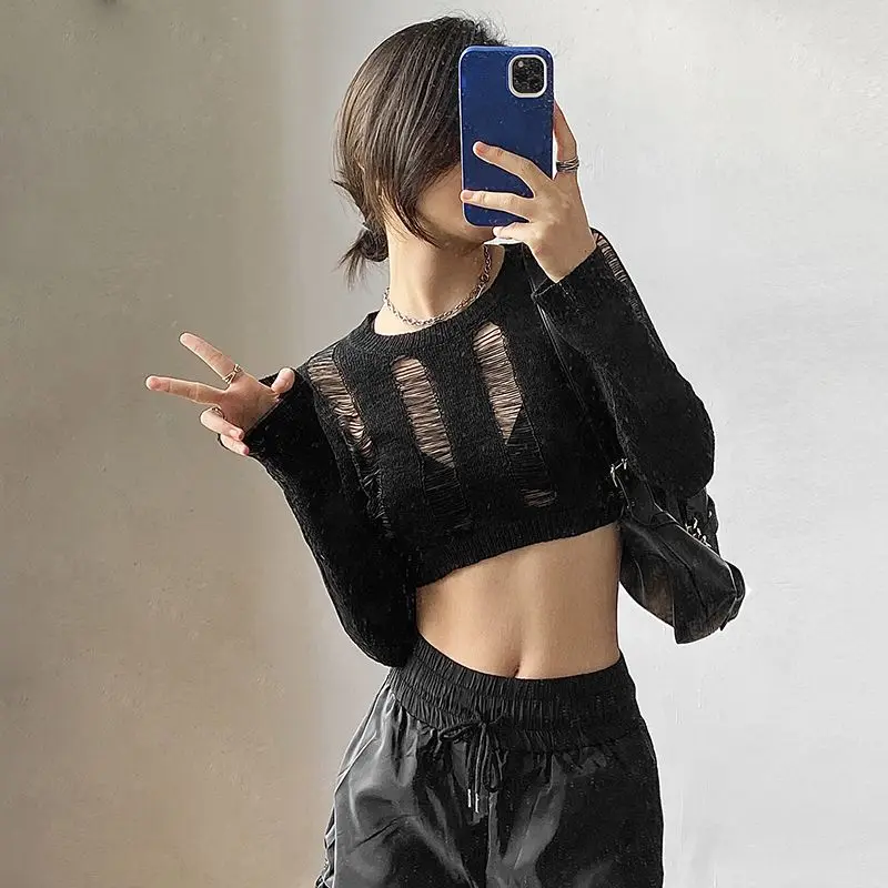 

Dark Cut-out Crewneck Long-sleeved T-shirt, Niche Ins, Chic Cropped, Slim, High-waisted Lace-up Top