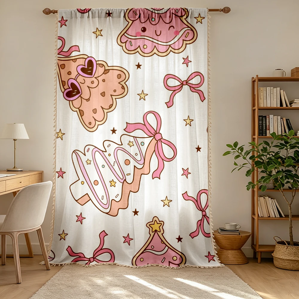 1PC Cartoon Tassel Sheer Curtains, Cake Donut Pink, Digital Print, Linen Polyester, Bedroom Living Room Kitchen, Home Decor