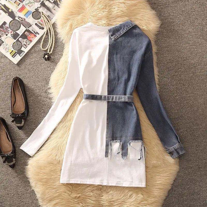 Retro Temperament Waist With Belt Color Matching Denim Dress Korean Version Of Chic Fashion Casual Long T-shirt Skirt FemaleTide