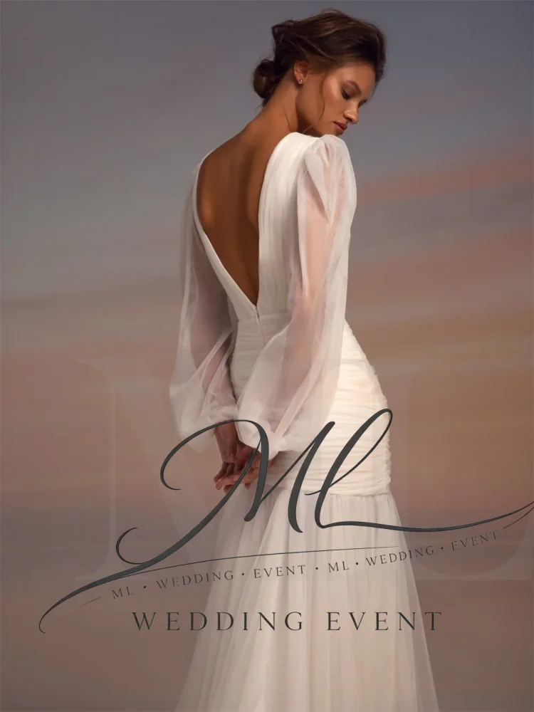 ML Customized Wedding Dress Deep V-Neck Illusion Full Sleeves Backless Side High Slit Tulle Bridal Gown Formal Evening Dresses