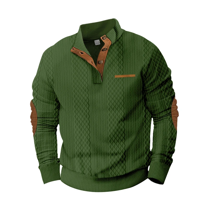 Imagen 5: Suéter de punto texturizado con cuello alto y botones para hombre 2026, top informal de manga larga con parches en los codos, multicolor