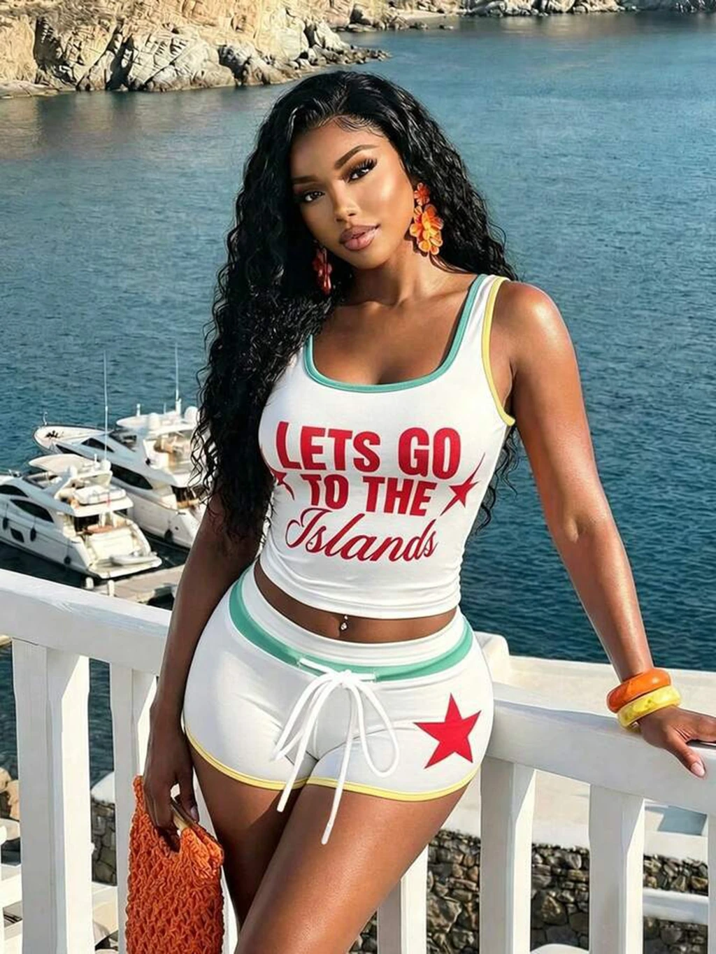

STYLISH LADY Letter Print 2 Piece Outfit Contrast Binding Crop Tank Top Elastic Waist Shorts 2026 Summer Beach Party Tracksuit