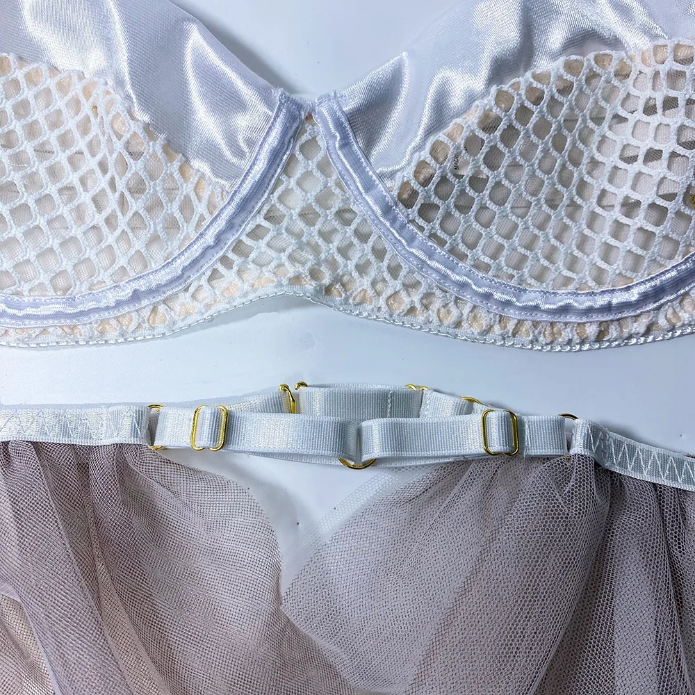 Miflame-Underwear mesh underwear, underwire cotton cup bra, lace garter belt, Thong, three piece sex suit