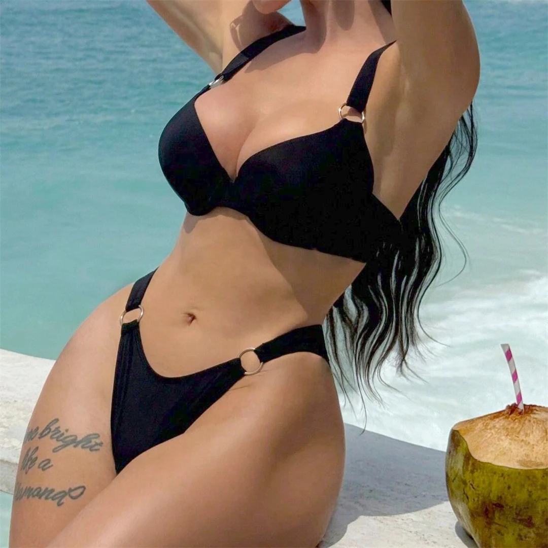 BH mit Bügel, hoch geschnittener, brasilianischer Bikini, Damen-Badebekleidung, zweiteiliger Bikini-Set, Badeanzug, Badebekleidung, Schwimmbekleidung V6418 – Detail 6