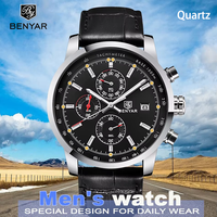 BENYAR Fashion Retro Leather Quartz Watch New Men Outdoor Date Waterproof Sport Clock relojes Chronograph Military Watch BY5102