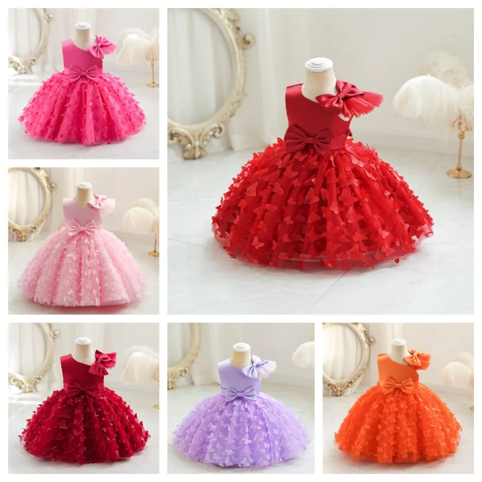 

Girls Multi-color Butterfly Applique Dress with Bow Kids Formal Gown for Birthday Party Banquet and Special Occasions Dress BX35