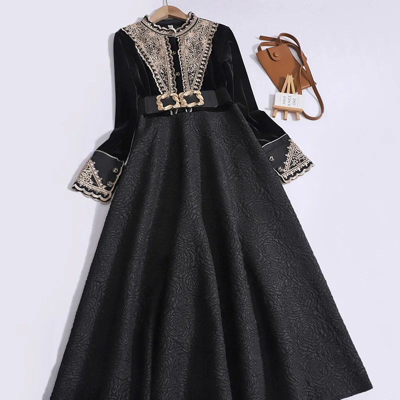 Casual Elegant Retro Lace patchwork National Style O-neck High waist Large Swing Party springtime Long Skirt Woman Dress Clothes