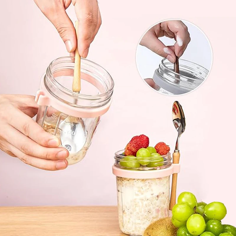 

Portable Overnight Oat Glass Cup with Fork Milk Fruit Salad Food Storage Jars Cereal Breakfast Cups Water Bottle Kitchen Item