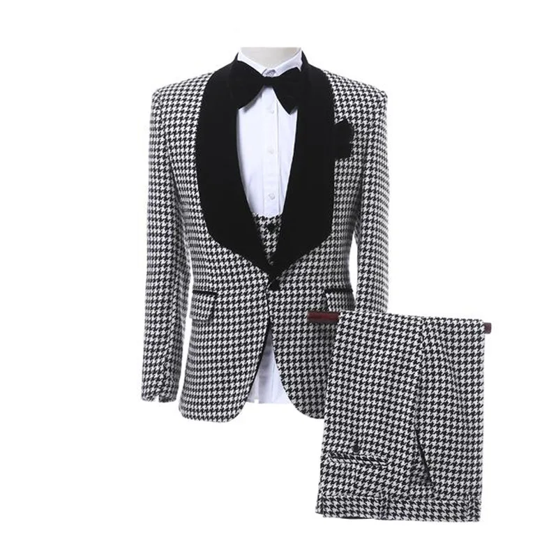 

Мужские костюмы с узором «гусиные лапки», черный пиджак с шалью и лацканами, свадебный смокинг для жениха, мужская клетчатая одежда на одной пуговице, последний дизайн, комплект из 3 предметов