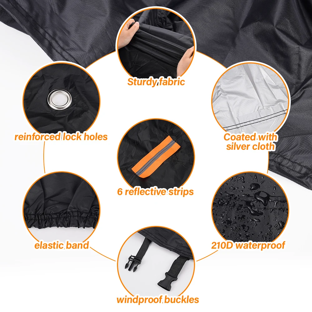 Motorcycle Electric Car Thick Coat Sun Protection Sunshade Rain Cover 210D Black Silver Coated With Six Orange Reflective Strips