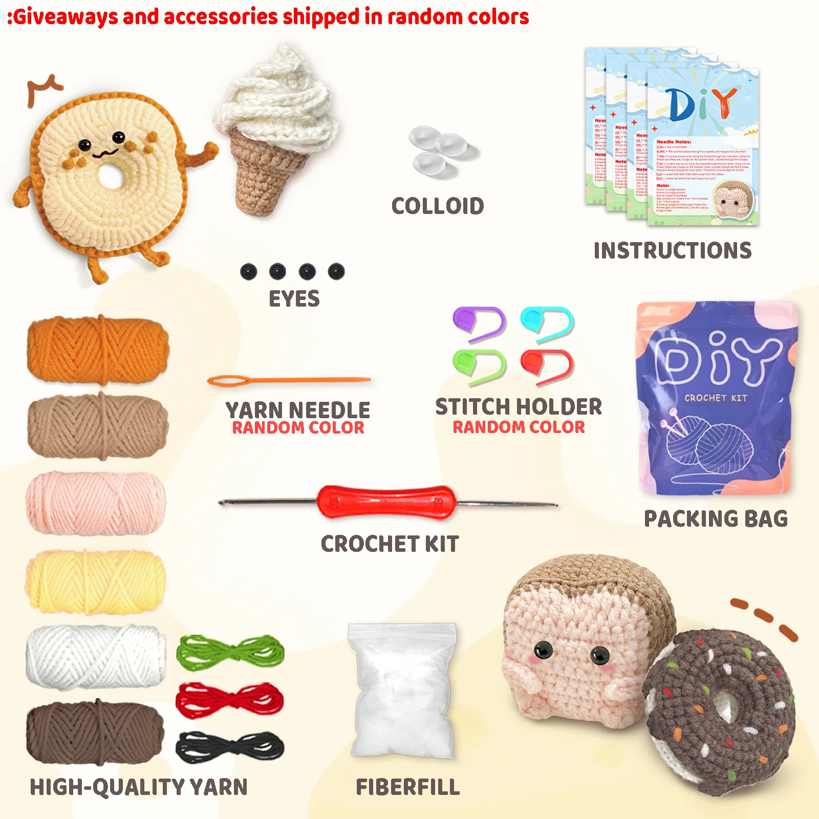 DIY Crochet Kit - Donut Bread Ice Cream Toast Shapes Full Material Set with Video Tutorial for Handcrafting