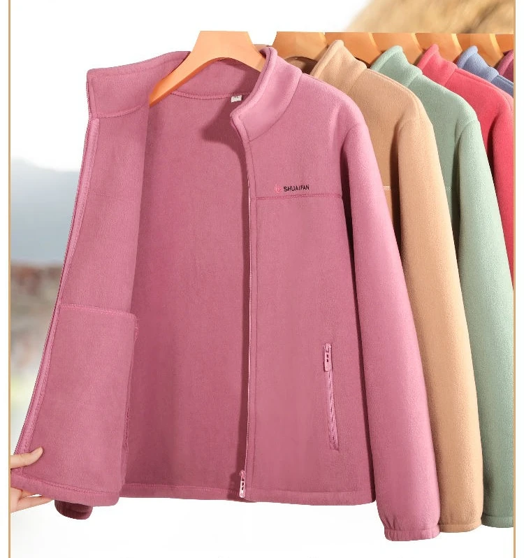 Women Thickened Fleece Winter Jacket Embroidery Zipper Thermal Plush Polar Fleece High Collar Cardigan Coats Outdoor Sweatshirt