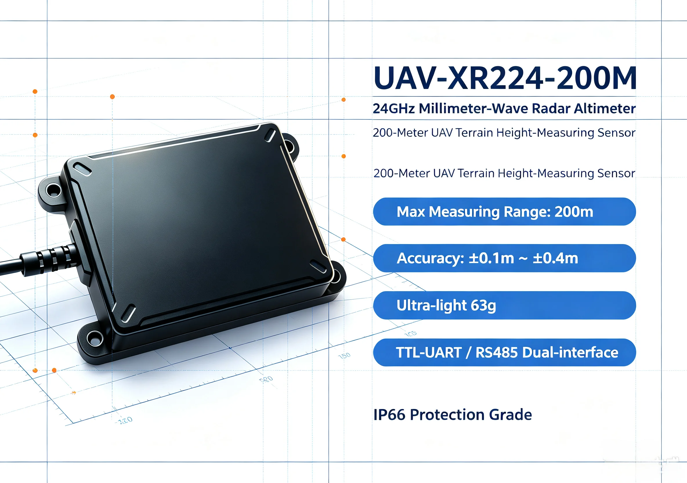 UAV-XR224 Radar Altimeter—A 200-meter altitude measurement sensor for Unmanned Aerial Vehicles (UAVs)