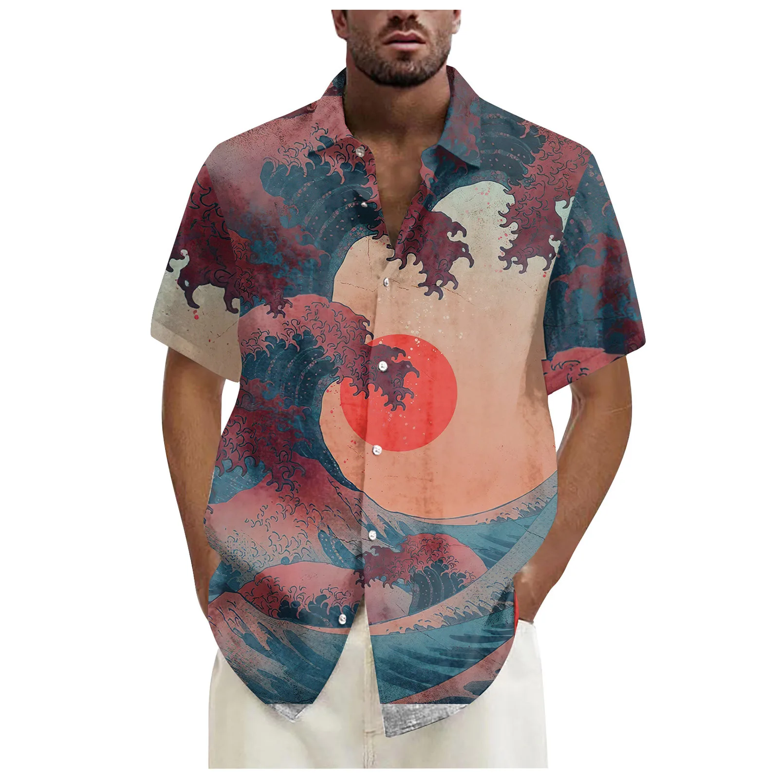 Summer 2024 Retro Beach Wave Print Men's Short sleeved Shirt Hawaiian Shirt Casual Fashion Top